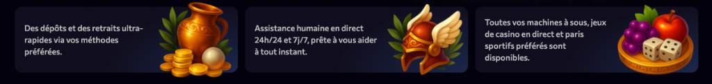 Dépôts et retraits ultra-rapides, assistance humaine 24/7, machines à sous, jeux de casino en direct et paris sportifs disponibles